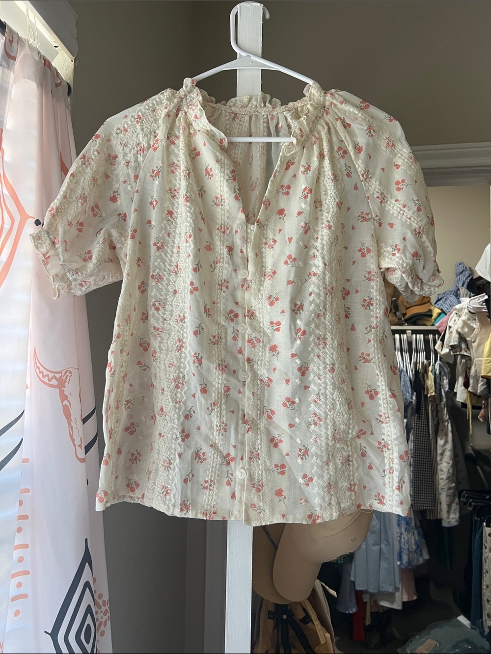 SHEIN Cream Peasant Blouse with Pink Floral Print